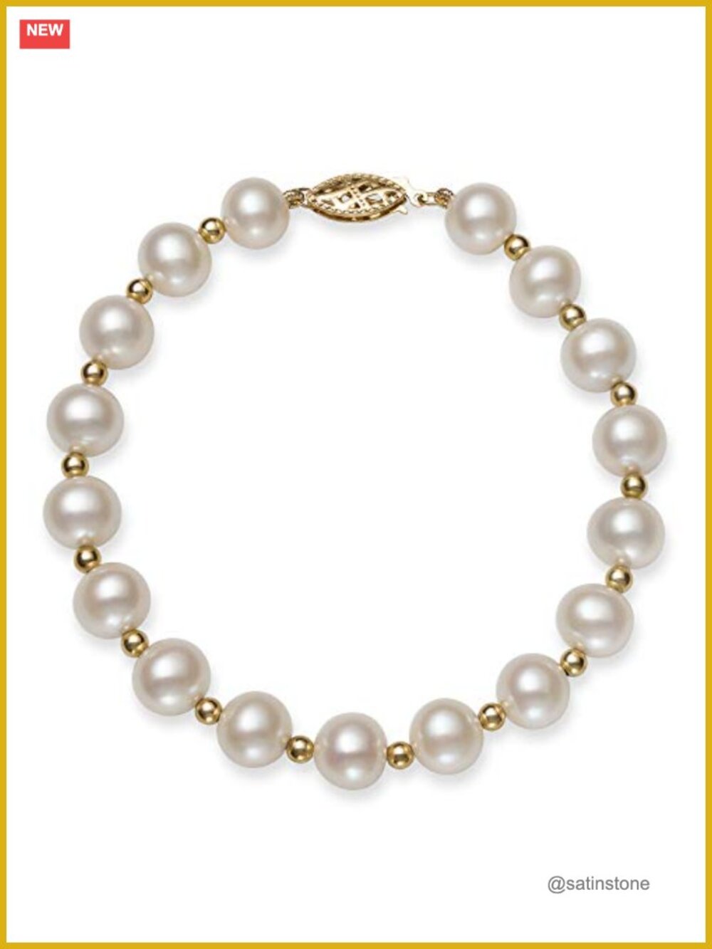 AA Freshwater Pearl Strand Bracelet 14K Yellow Gold Chain 7.5 Inch